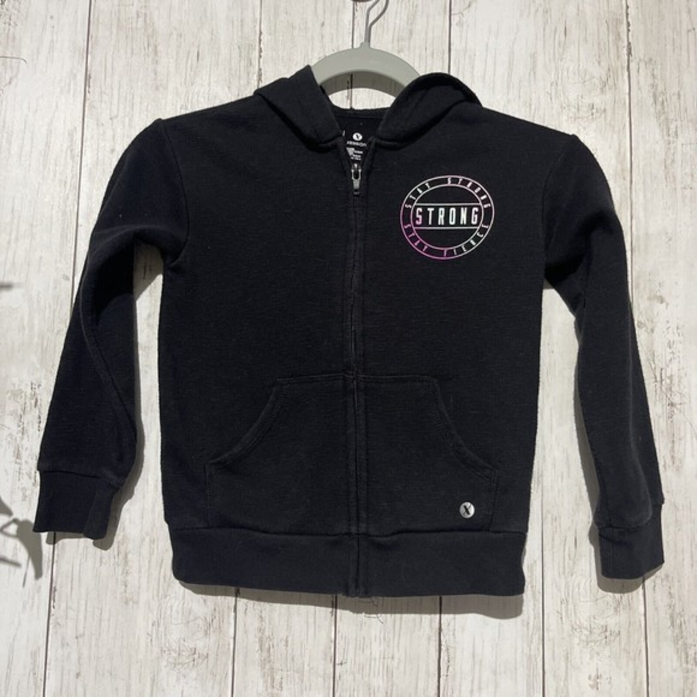 Xersion XS 6/6X Full Zip Hoodie Kids Black Excellent Stay Strong Graphic‎